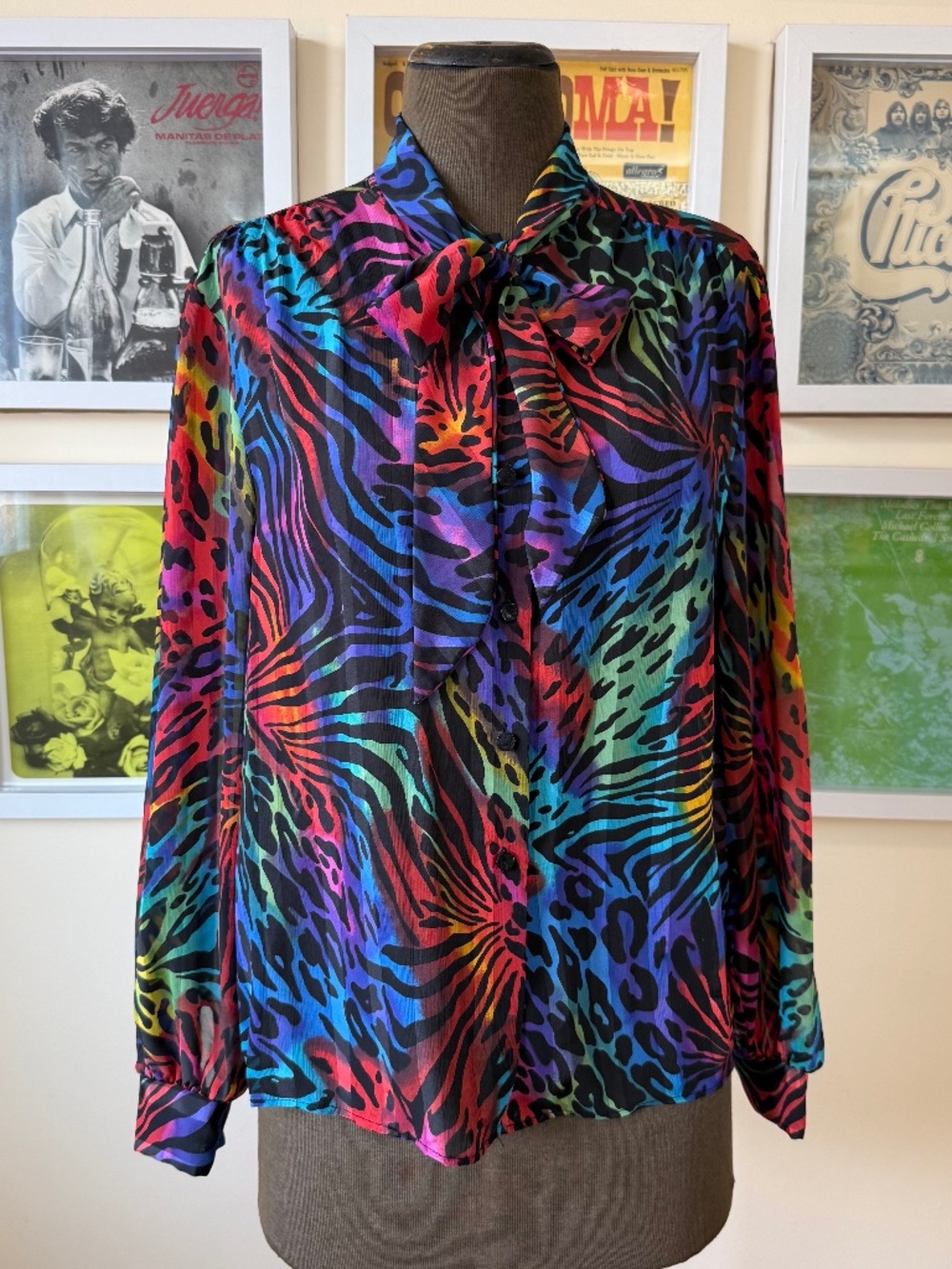 VINTAGE 80s SHEER RAINBOW ANIMAL PRINT BLOUSE GLAM DISCO STATEMENT TOP